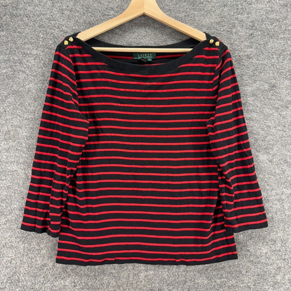 Ralph Lauren Sweater Pullover Women L Large Black Striped Long Sleeve Cotton